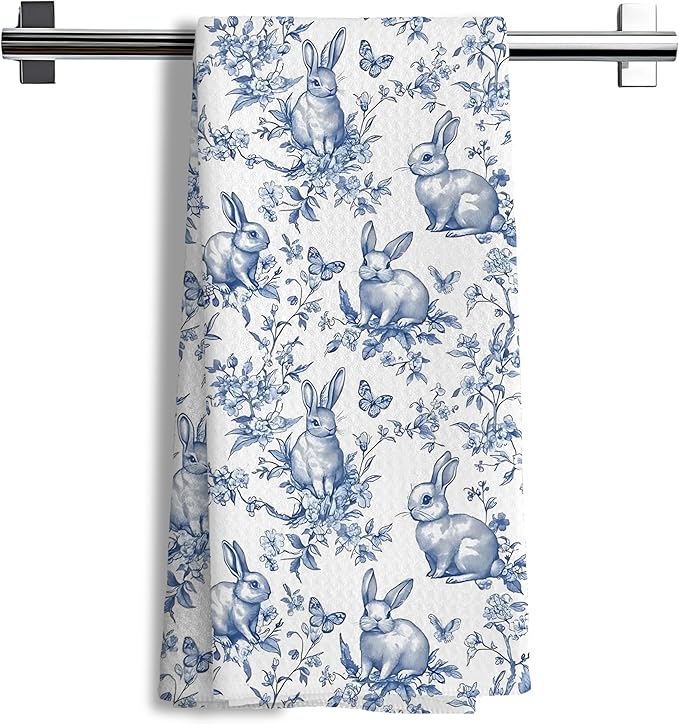 Chinoiserie Rabbit Kitchen Towels,Farm Rabbit Gift Decorative Hand Towels,Blue and White Grandmillennial Botanical Animal Print Floral Dish Tea Towels Decor for Kitchen Bathroom, 16x24 Inch