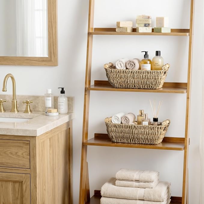 StorageWorks Small Baskets for Shelf, Seagrass Woven Basket for Gifts | Wicker Storage Baskets for Shelves, Baskets with Wooden Handles, 2-Pack Gifts Basket for Home Decor, Hand-Woven Basket
