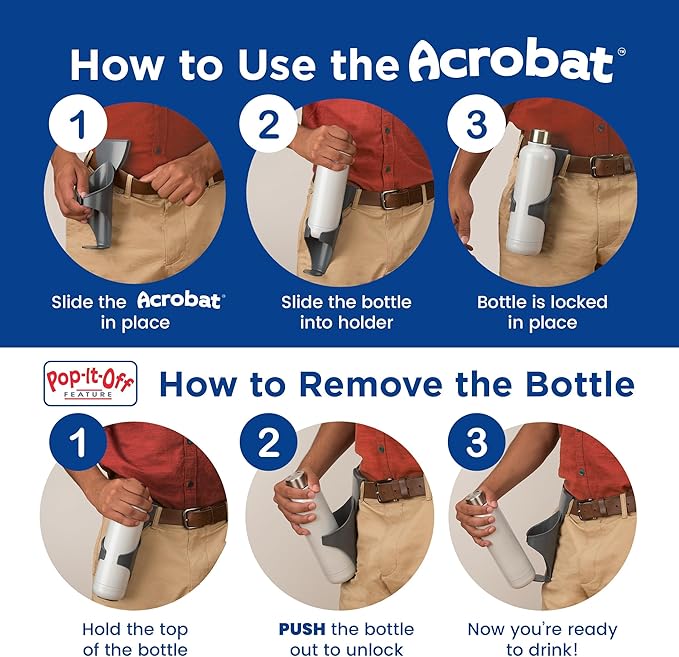 Acrobat - Water Bottle Holder - Patented Hands-Free Carrier for Portable Drink Containers - Lightweight & Durable Plastic - Accessories for Dog Walking, Hiking, Traveling, Construction - USA