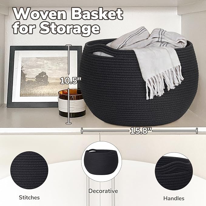 Goodpick Large Toy Storage Basket for Kids, Round, 15.7" x 10.5", Black | Woven Rope Basket with Handles, Holds Blankets, Toys & Baby Shower, Decorative Basket for Living Room & Bedroom Décor