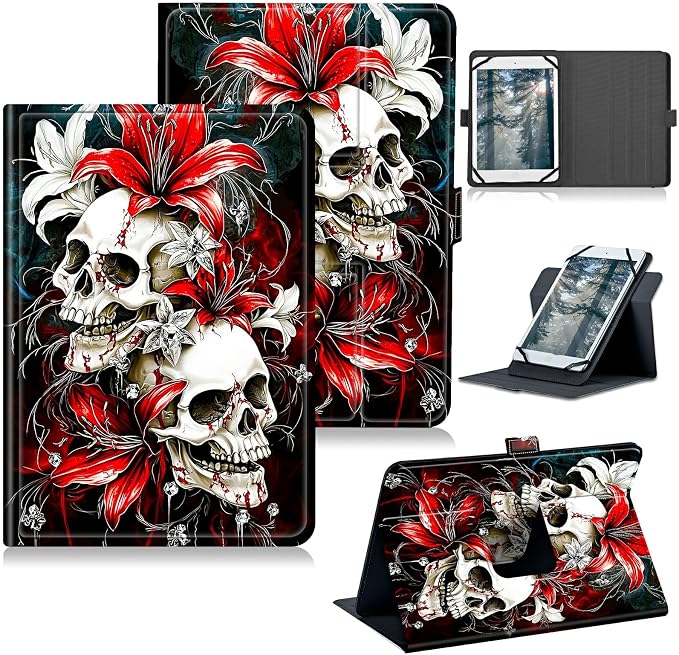 Universal Case for T-Mobile Revvl Tab 2 10.1" Model:9185W 2025/Revvl Tab 5G 10.36" 2023, 360 Degree Rotating Kickstand Protective Stand Leather Shell Cover for 9"-10.5", Red Lily Skull