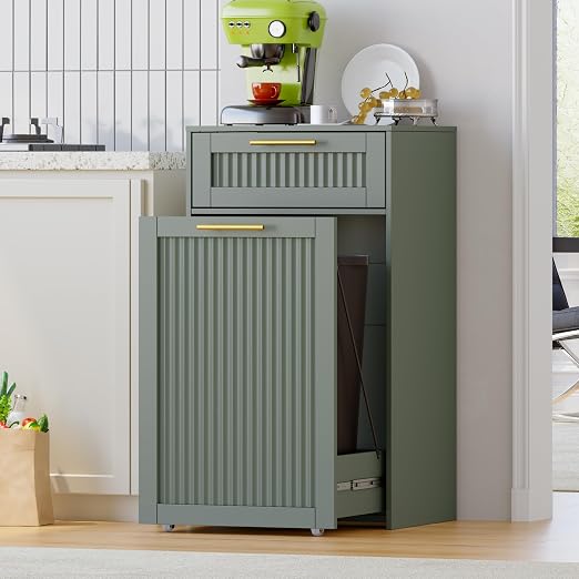 Single 13 Gallon Pull Out Trash Can Cabinet with Drawer, Garbage Cabinet | Pet Proof Hidden Trash Storage, Fluted Farmhouse Design, Space-Saving Kitchen Organizer, Dining Room Storage,Green