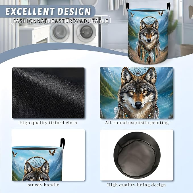 Wolf Mountain Laundry Basket, Forest Animal Dreamcatcher Storage Hamper, Round Collapsible Waterproof Cloth Bin, 19.7x15.7 Inch Nature Clothes Organizer Gifts for Bathroom Decor