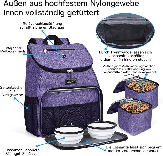 BAGLHER丨Dog Travel Bag, Airline Approved Pet Supplies Backpack, Dog Travel Backpack Accessories Set with 2 Silicone Collapsible Bowls and 2 Food Baskets. Purple