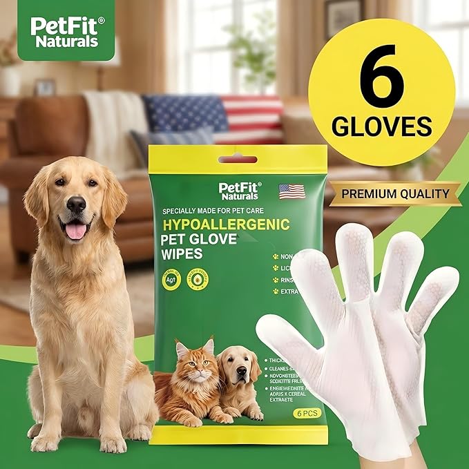 5-Finger Grooming Glove Wipes for Dogs & Cats, Extra Thick Waterless Bath & Deodorizing, Hypoallergenic Rinse-Free Cleaning for Senior, Post-Surgery & Travel - 6 Count (6pcs)