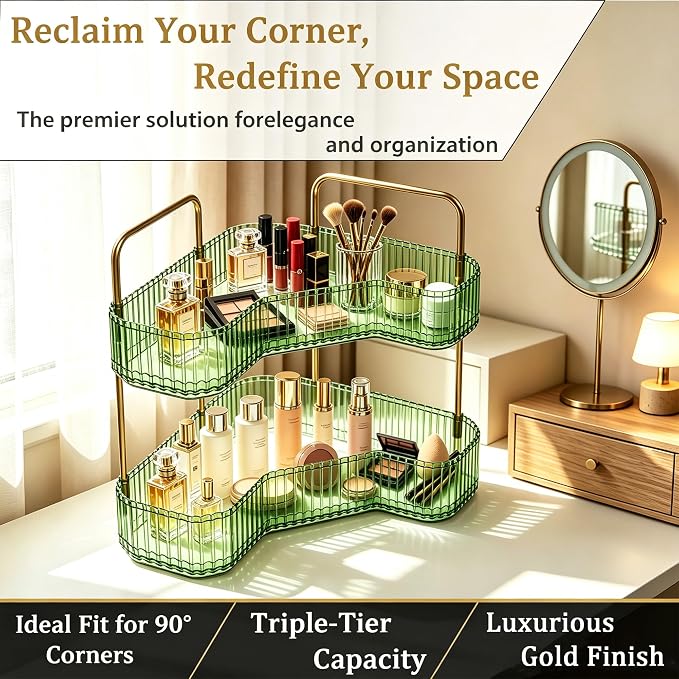 2-Tier Corner Bathroom Organizer, Skincare Vanity Counter Shelf Green | Premium PET Perfume Display Stand with Gold Metal Rods, Space-Saving 90 Degree Storage Rack for Dresser