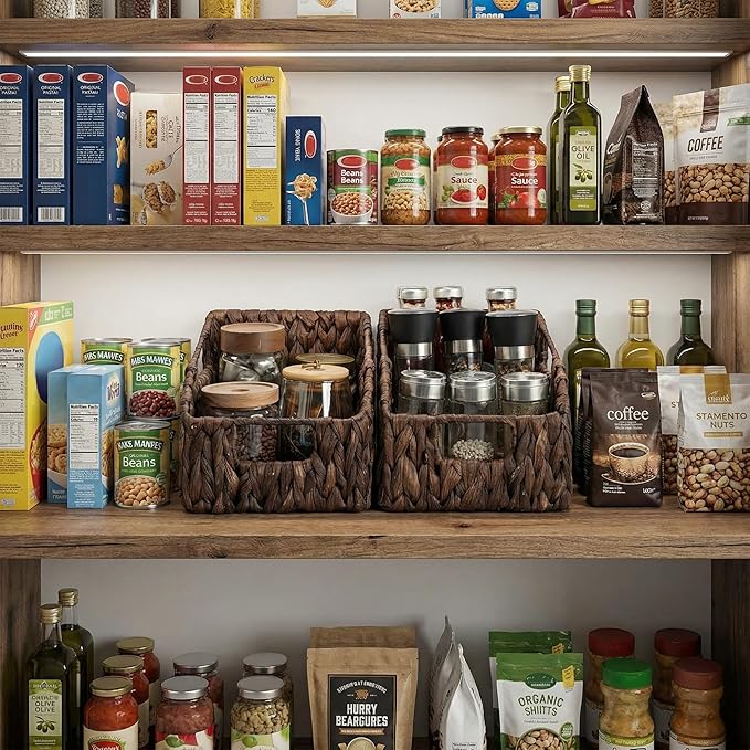 StorageWorks Pantry Baskets for Organizing, Handwoven Brown Baskets, 2-Pack | Water Hyacinth Pantry Baskets for Organizing, Wicker Baskets with Handles, Handwoven Wicker Storage Baskets for Shelves