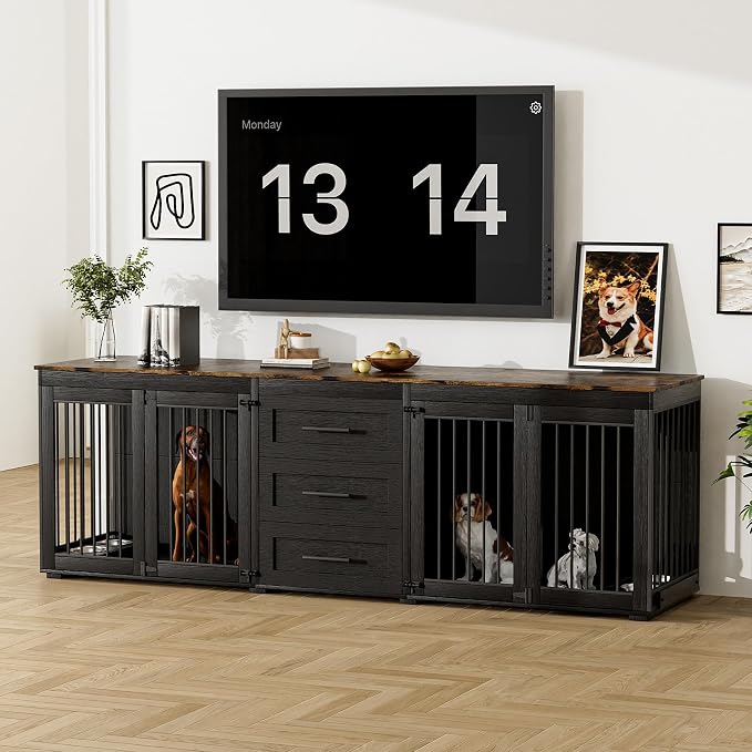 Rophefx 94.5" Dog Crate Furniture for 2 Dogs, Wooden Kennel TV Stand,Black | Indoor double dog house with 3 storage drawers, 4 feeding bowls, lockable doors, and a wide top for large and medium dogs