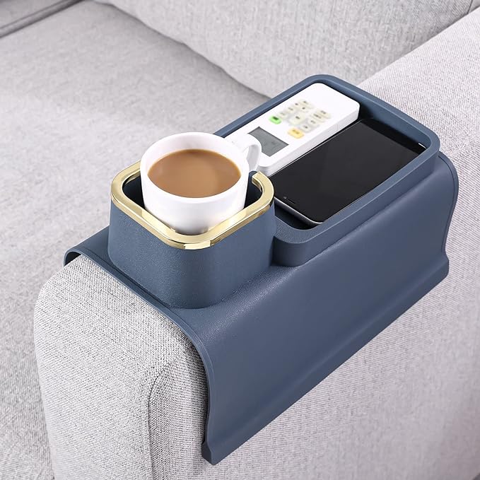 HMASYO Couch Cup Holder Tray – Weighted Silicone Sofa Armrest Organizer Table with Anti-Spill Coaster, Easy Reach for Drink, Snacks, Remote & Phone, Non-Slip Base, Easy Clean
