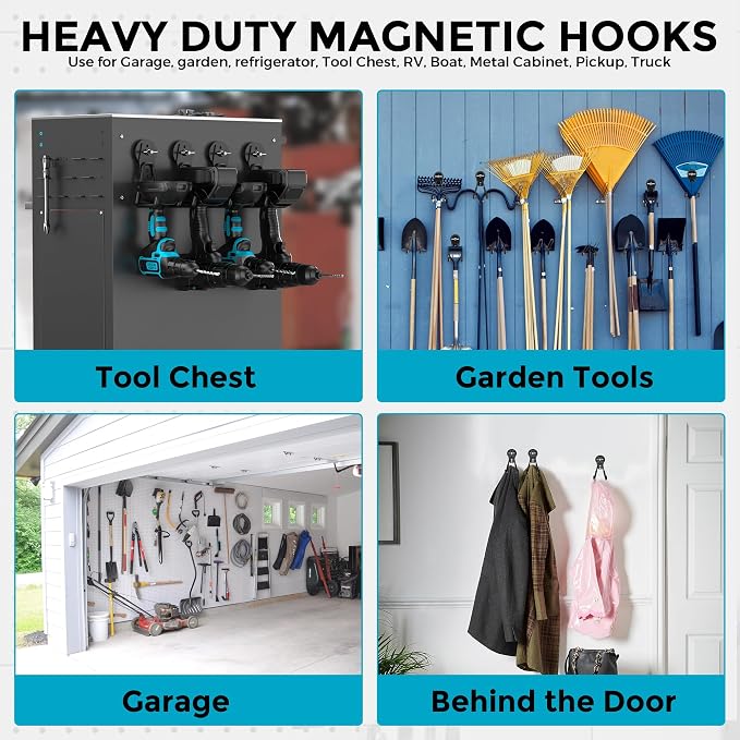 6Pcs Large Strong Magnetic Hooks Heavy Duty Garage Big Magnet Hooks Extra Strength Magnetic Utility Storage Hook Hanger with Anti Slip Coating for Garden Indoor Outdoor Hanging Tools Black