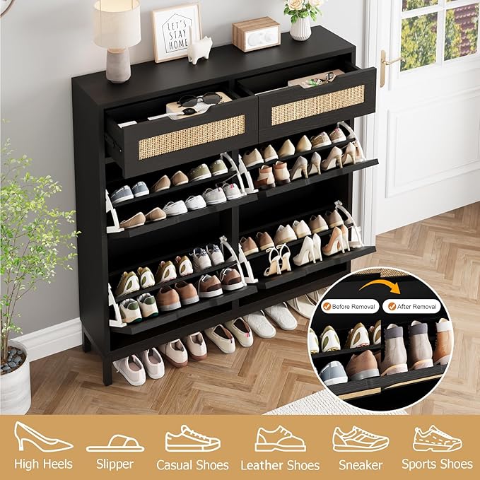 Jocoevol Rattan Shoe Cabinet for Entryway with 4 Flip Drawers and 2 Drawers, Narrow Freestanding Shoe Storage Cabinet with Metal Legs for Entryway/Hallway/Foyer (Black)