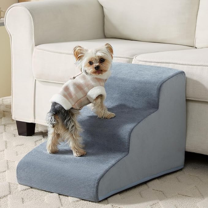 LEXTRO Dog Stairs for Small Dogs, 3-Steps Dog Ramp for Bed and Couch, Pet Stairs with Highly Supportive Foam and Non-Slip Bottom, Dogs Steps for Cat & Doggie (High 15.7 Inch)