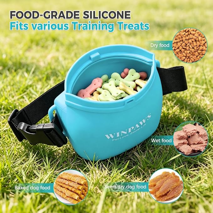 Silicone Dog Treat Pouch with Poop Bag Holder,Waterproof Magnetic Close Sealable Fanny Pack with Adjustable Waist Belt, Pet Puppy Training Essentials, One-Handed Opening with Press & Magnetic (Blue)