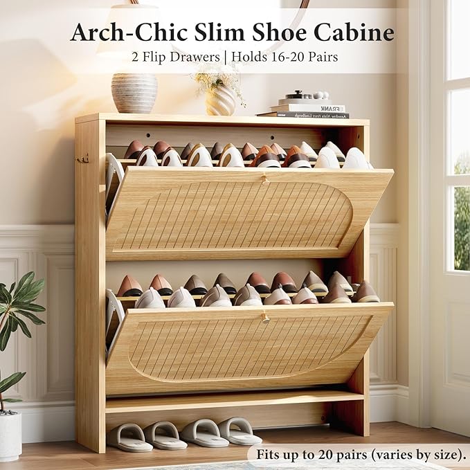 Arch-Chic Shoe Cabinet for Entryway, Modern Mid-Century Shoe Storage Cabinet with Fluted, Narrow Shoe Rack with Adjustable Shelves & Tipping Protection, Fits Men's Size 12+ Shoes