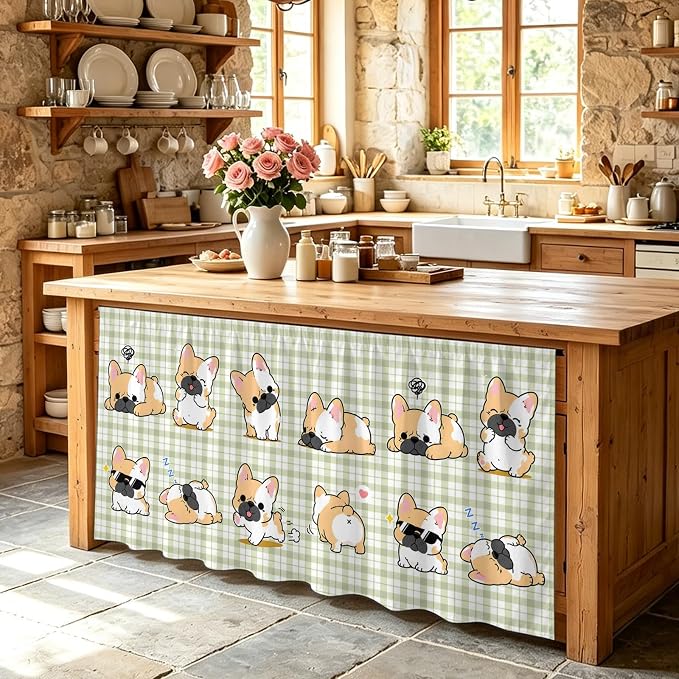 Cute Puppy Sink Skirt for Bathroom, Self-Adhesive Under Sink Curtain, Sage Green Plaid Modern Funny Dogs Pet Hide Pipes & Storage Fabric Cabinet Skirt Cover for Kitchen Laundry 32"x55"