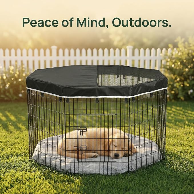PJYuCien Octagonal Playpen Top Cover for 24" Side Metal Pet Pen, Black | Cozy Den for Puppy Small Animals, Half Mesh Half Oxford with Silver Coating, Predator & Weather Protection, Snap Hooks