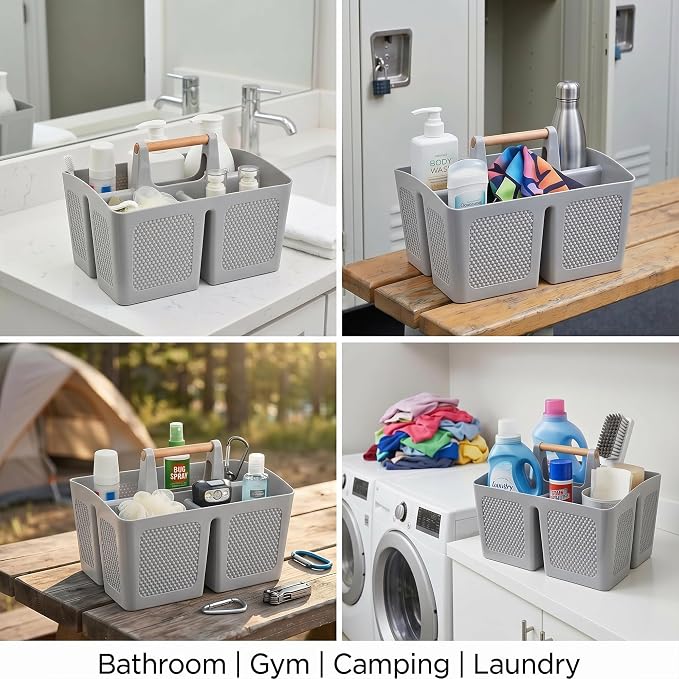 Haundry Plastic Light Gray Shower Caddy Basket with 3 Compartments, Portable Divided Bathroom Cleaning Caddy Organizer Storage Tote with Handle for Dorm, College, Room Essentials