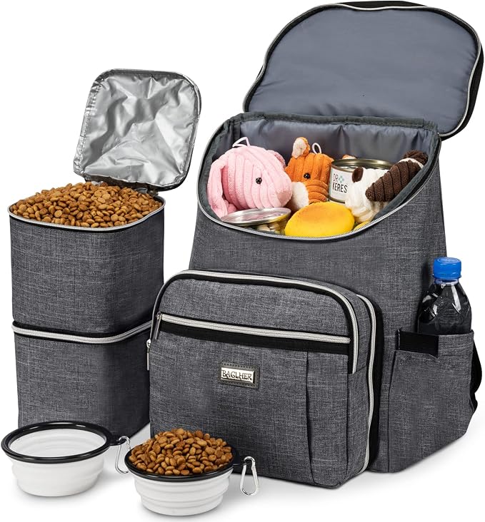 BAGLHER Travel Dog Backpack - Detachable Travel Dog Food Container for Pet Supplies Dog Gear Backpack,Dog Bag for Traveling with 2 Silicone Collapsible Bowls and 2 Food Baskets Grey