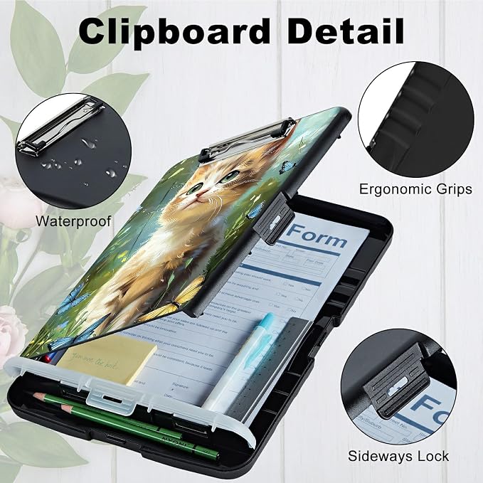 A4 Clipboard with Storage Pen Holder, Clipboards Organizer Nursing Clipboard Foldable File Folder Plastic Clipboard Folio Clip Board for Office Work Classroom Doctor, Lawn Cat Butterfly