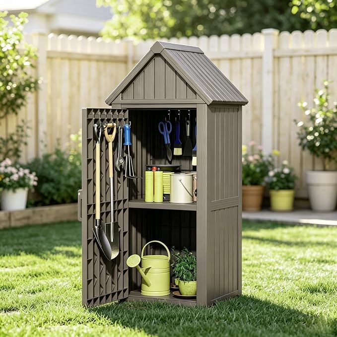 Outdoor Storage Cabinet, Lockable Vertical Resin Storage Shed, Gray