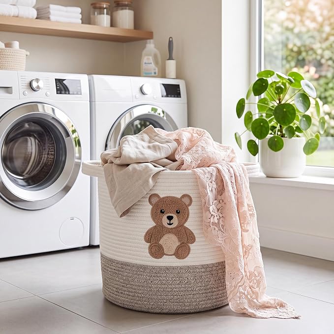 LemonRoad Teddy Bear Basket 14"x14", Baby Laundry Basket with Handles | Bear Hamper, Baby Storage Basket, Toy Organizer for Nursery, Woven Cotton Rope Blankets, Stuffed Animals Clothes for Kid Room