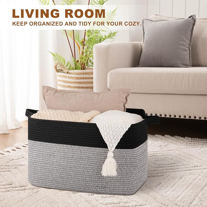OIASKET 65L Extra Large Blanket Basket Living Room, 19.7"x15.8"x11.8" | Rectangle Woven Laundry Hamper, Nursery Blanket Storage Living Room, Toy Storage With Handle, Large Baskets for Organizing