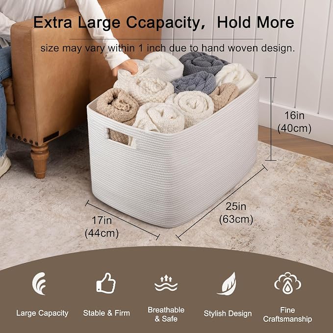 OIAHOMY 118L XXXLarge Rope Storage Basket, Oversized Blanket Basket White | 25" x 17" x 16" Used for Organizing Dirty Clothes in Living Room, Bedroom, Nursery, Extra Large Basket,Dog Toy Storage Bins