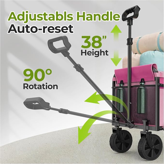 Pink Small Collapsible Wagon Cart, Lightweight Folding Utility Cart with Wheels, 220lbs Capacity Portable Grocery Cart for Sporting Events, Garden, Shopping (Pink)