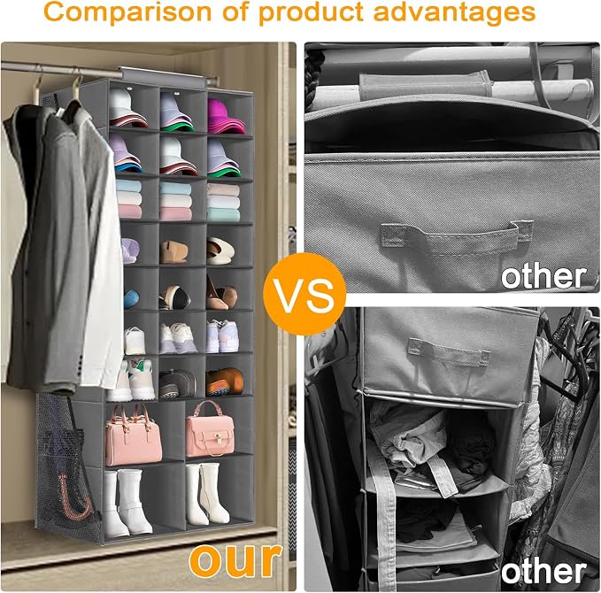 Hanging Shoe Organizer for Closet, Closet Hanging Shoe Storage Rack Holder Shelves,Collapsible Shoe Closet Organizers and Storage with 4 Large Side Pockets,25 Sections for Shoes,Hats,Clothes(Gray)