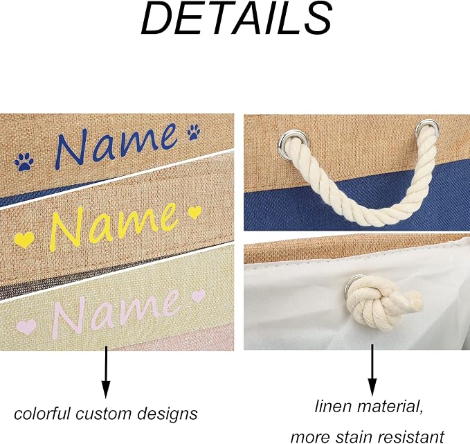 Personalized Pet Dog Toy Storage Foldable Bin Basket, Colorful Font Customized Pet's Name Box Organizer for Dog Toys、 Apparel & Accessories, with Weave Rope Handle(paw Brown-s)