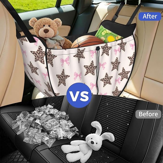 Leopard Star Pink Bow Car Seat Organizer Backseat Storage Bag, Large Waterproof Vehicle Organizer With Adjustable Straps For Gear Essentials, Fits Most Cars