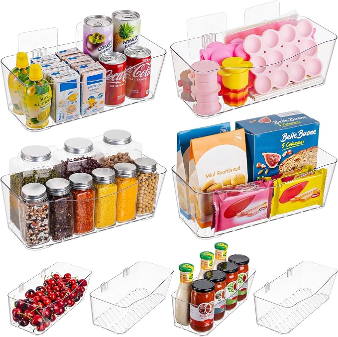 8-Pack Adhesive Pantry Organizers and Storage, Large Cabinet Door Organizer | 11.4" Long, Space Saving, Drain Bottom, Clear Plastic Storage Bins for Kitchen, Bathroom, Refrigerator, Countertop,Under Sink