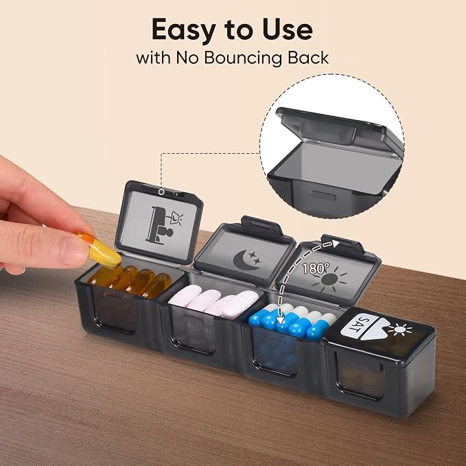 Fullicon Large Pill Organizer 4 Times a Day, 7 Day Pill Box, Black | Each Compartment Holds 12 Fish Oils or 13 Vitamins, Clear Daily Icons, Durable Printing, Easy Open, Secure Snap Lids