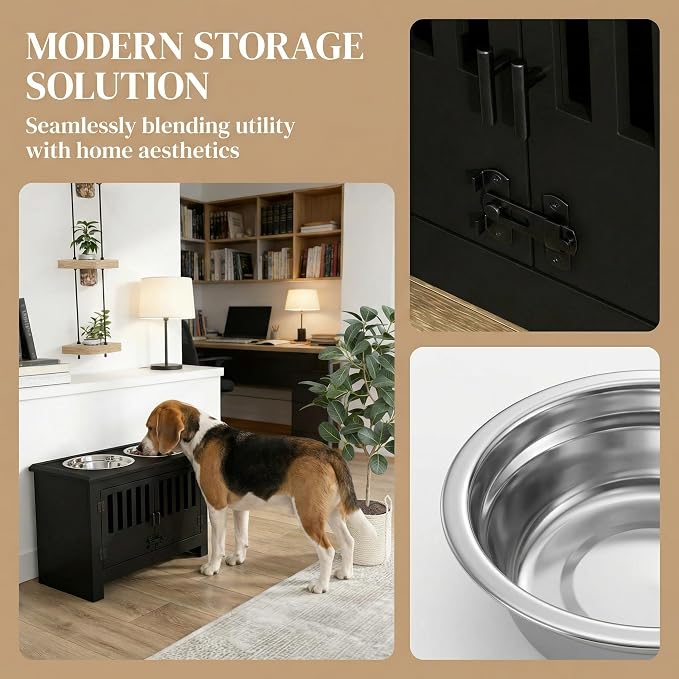 TTCOLATOPIA Elevated Dog Feeding Station with Food Storage Cabinet, Pet Food Organizer for Dogs, Elevated Dog Bowl Stand with Airtight Container, Wooden Dog Feeder Station for Indoor Use