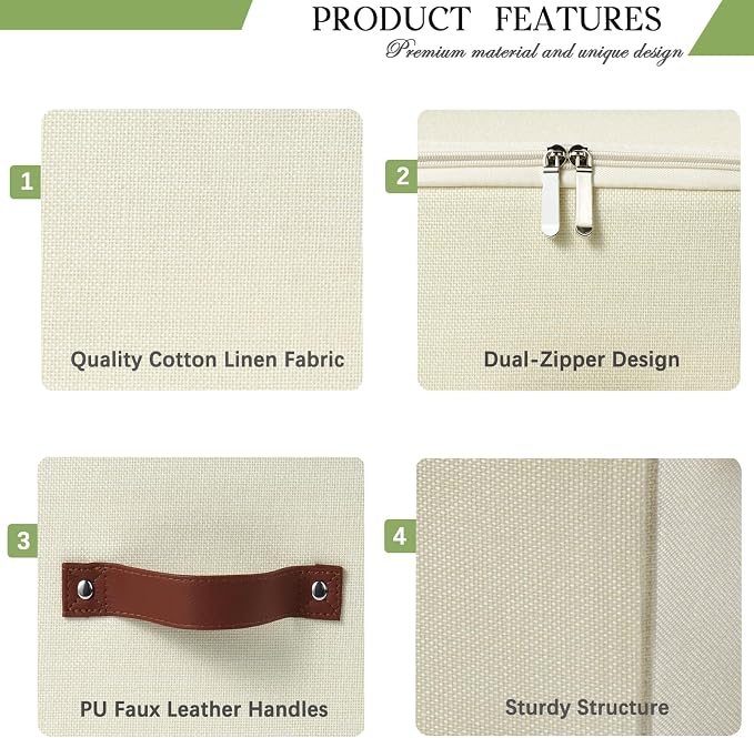 Storage Bins with Zipper Lid Decorative Lidded Storage Boxes | Collapsible Cotton Linen Fabric Storage Baskets, PU Leather Handle, Stackable Shelf Closet Organizer(Beige, Large)