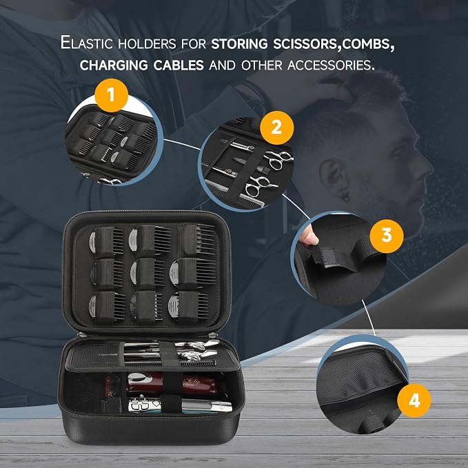 Hard Barber Accessories Case for Hair Clippers Mens Hair Cutting Barber | Barber Supplies Holder, Trimmer Organizer Storage Bag for Hair Cutting, Guard Grooming Kit (PU Black)