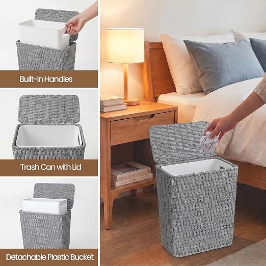 Wicker Trash Can,3 Gallon Bathroom Trash Can with Lid,Handwoven Paper Rope Rattan Waste Basket with Removable Liner and Built-in Handles for Bedroom,Toilet,Narrow Spaces,Grey