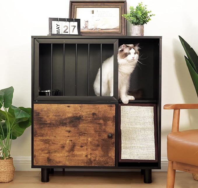 Dog-Proof Wood Cat Feeding Station with Lockable Storage & 2 Removable Stainless Steel Bowls - Anti-Spill Cat Condo with Scratching Board for Indoor Multi-Pet Homes