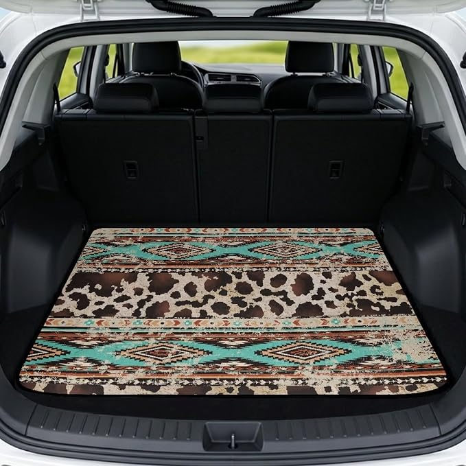 Howilath Aztec Tribal Cow Print Trunk Mat for SUV All Weather Car Cargo Liner Universal Trunk Floor Mat Vehicle Interior Protection Accessories for Most Cars