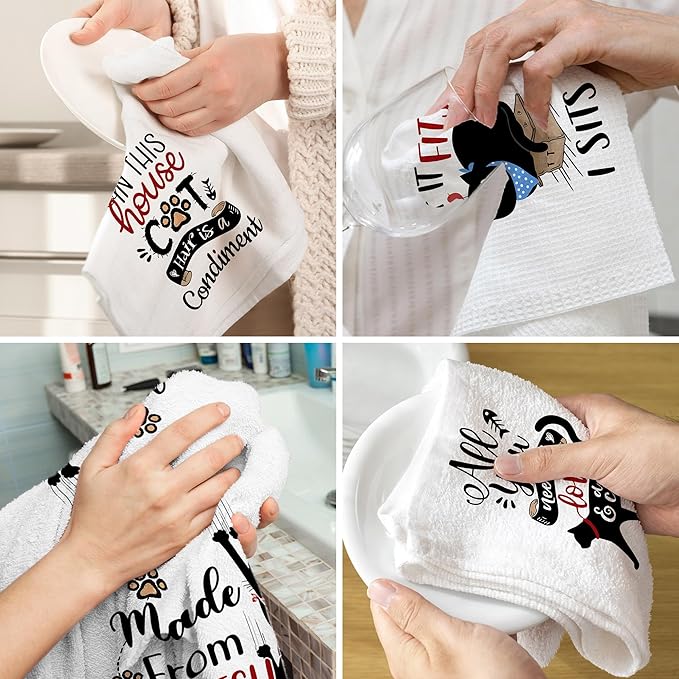 Bonsai Tree Cat Kitchen Towels Set of 4, Cat Lover Gifts for Mom Women, Cute Funny Dish Tea Towels Housewarming Gifts for New Home Decor