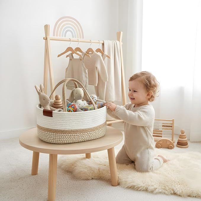DECOMOMO Baby Caddy Organizer, Large Diaper Caddy Basket | Baby Baskets for Baby Shower (Spiral Beige & White)