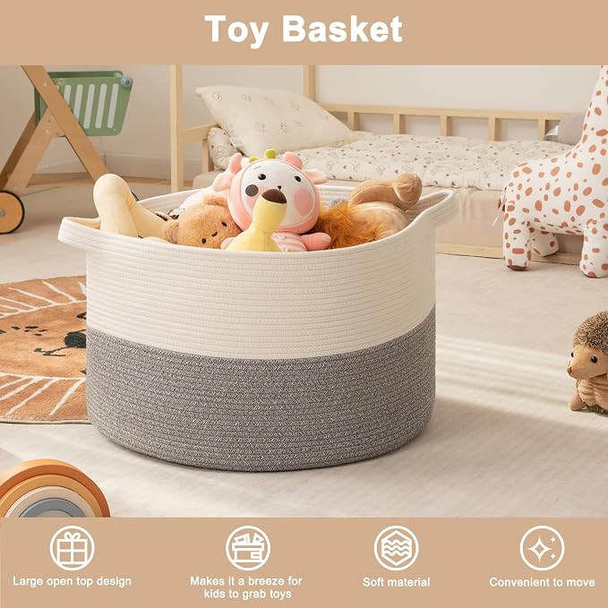 OIAHOMY 115L Extra Large Blanket Basket for Living Room, 23.6" x 15.4" Woven Cotton Rope Laundry Basket for Organizing Pillows, Decorative Stuffed Animal Toy Storage for Nursery, White and Light Grey