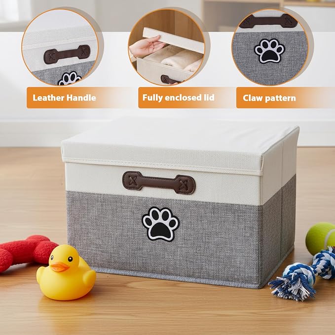 Dog Toy Basket with Lid, Fabric Dog Toy Box with Handle, Collapsible Dogs Cat Toys Storage Bins,Pet Storage and Orgnizer-White/Gray