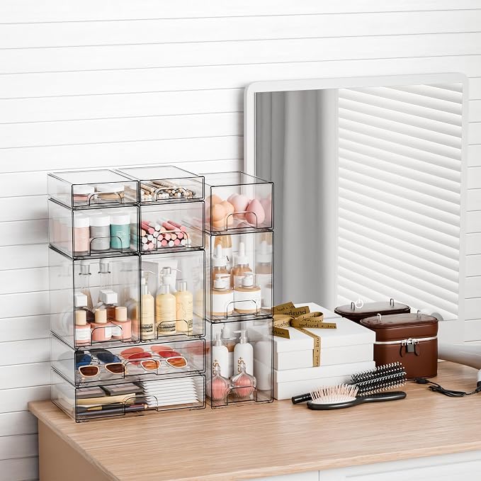 Yieach 7.5" High Stackable Storage Bins,4 Pack Bottle Station and Baby Bottle Storage Organizer for Countertop,Clear Acrylic Drawers for Pacifier,Breast Pump Parts,Storage Containers,Makeup and Lotion