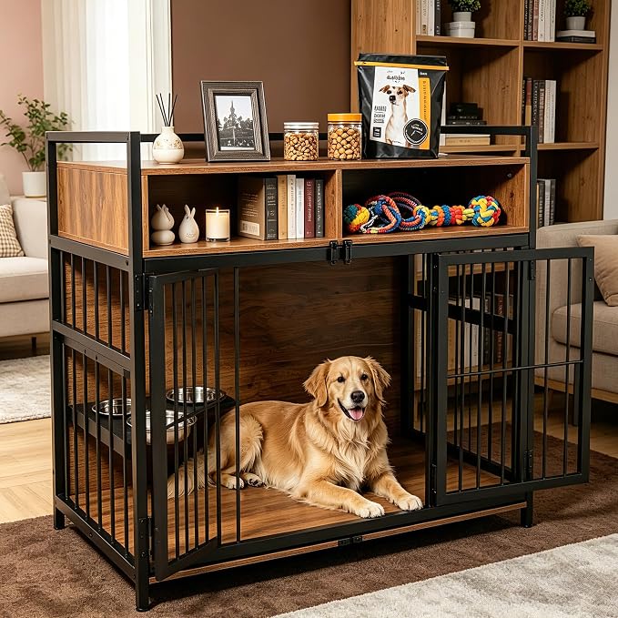Large Dog Crate Furniture - 48" Vintage Brown Wooden Kennel for Big Dogs, Heavy Duty Chew-Proof Cage with 360° & Adjustable Raised Feeder, Dual Use as End Table or TV Stand