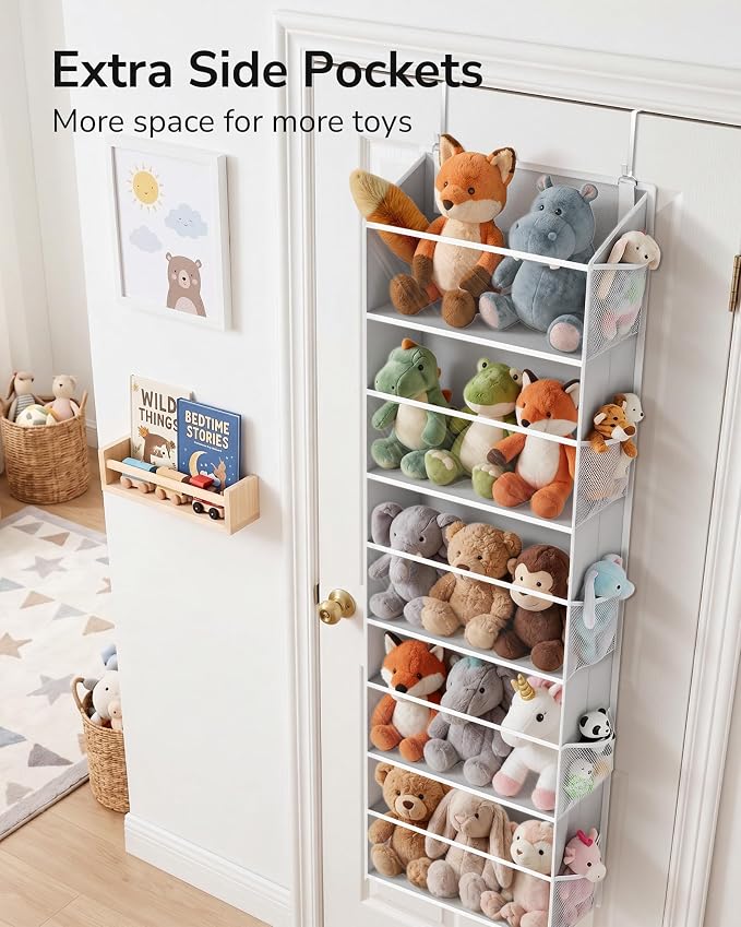 ULG Stuffed Animal Organizer Over the Door, Large Hanging Plush Toy Storage with Mesh Window, Cotton Kids Toy Organizer for Bedroom, Nursery, Playroom & Baby Items Clear Grey