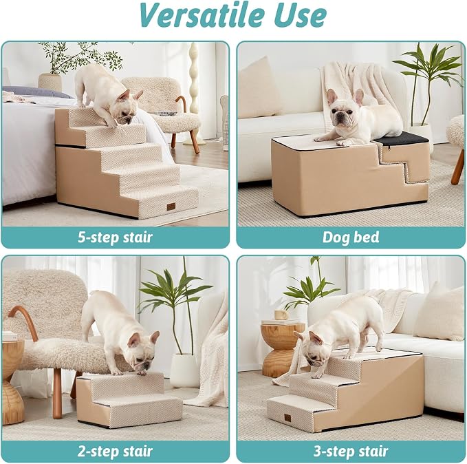 COZY KISS Dog Stairs for Small Dogs, 5 Step Pet Stairs for Beds & Couches | 23.6" H Wide Non-Slip Dog Steps with Removable Tiers & Support Board for Puppies, Older Cats & Dogs, Beige