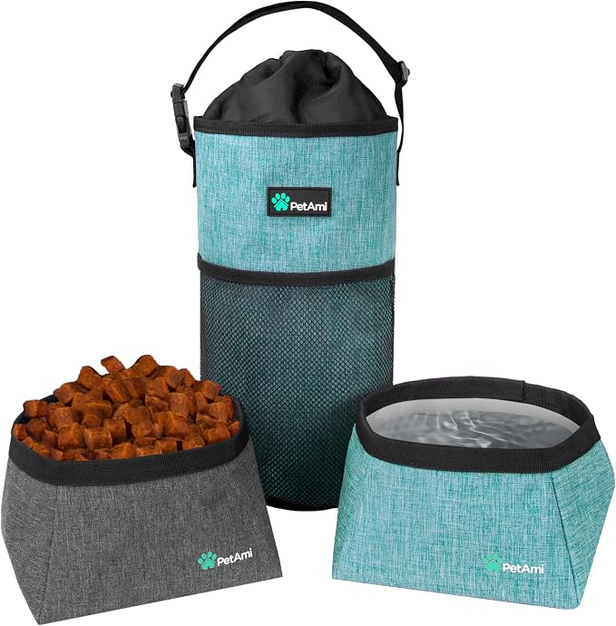 PetAmi Travel Dog Food Bag with 2 Collapsible Bowls Waterproof Dog Kibble Storage & Foldable Food Water Bowls for Dogs & Cats, Hiking & Camping (Sea Blue, Grey)