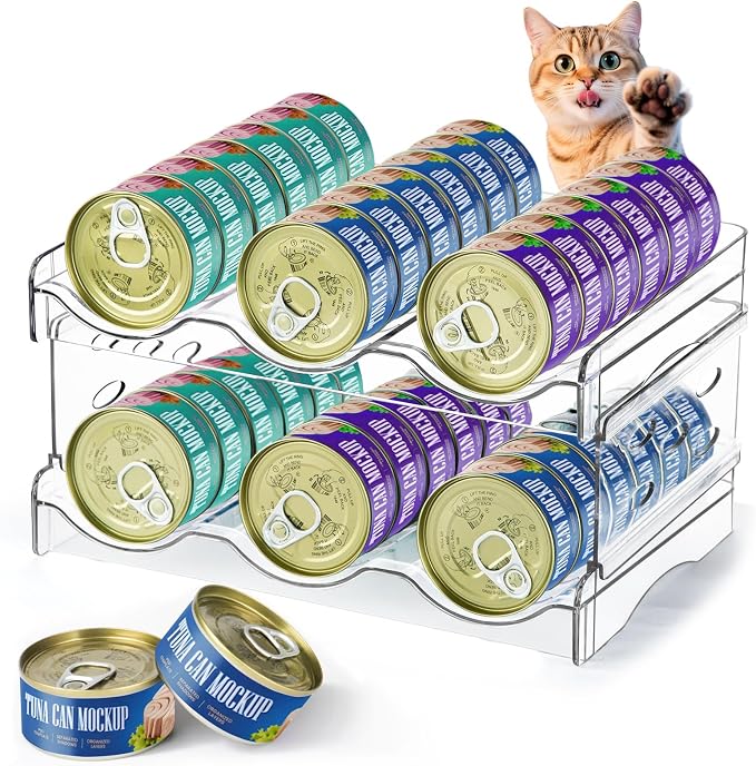 REFLYING Cat Food Can Organizer 2-Tier Holds 36 Cans 3.5oz Clear | Transparent 2-tier cat food can organizer,Holds 36 cans 3.5oz,Pantry countertop storage for kitchen cabinet organization
