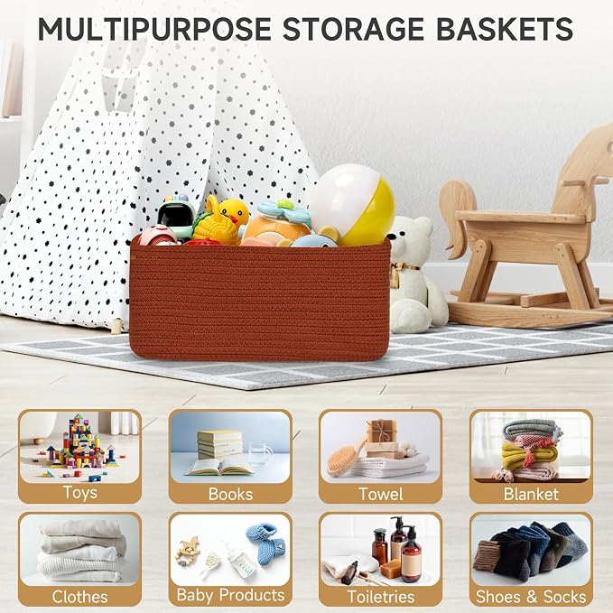 3 Pack Storage Baskets for Organizing, 13.7×9.5×6.3", Brick Red | Woven Baskets for Shelves, Cotton Rope Basket for Gifts Empty, Closet Organizer Bins with Handles, Cube Decorative Box